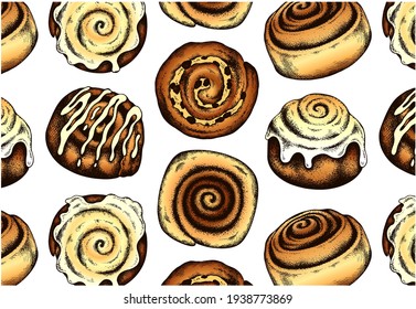 Sketch hand drawn pattern with brown frosted cinnamon rolls isolated on white background. Cinnamon bun with raisins, topping, glaze, icing. Drawing food for bakery, dessert menu. Vector illustration