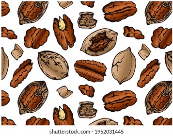 Sketch hand drawn pattern of brown pecan nuts in shell isolated on white background. Drawing organic nut wallpaper. Walnut, line art snack packaging, vegan, vegetarian food. Vector illustration.