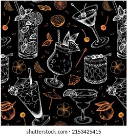 Sketch hand drawn pattern of cocktail with lemon, pineapple, mint and lime isolated on black background. Chalk drawing alcohol drink wallpaper. Martini, Tequila Sunrise, Margarita. Vector illustration