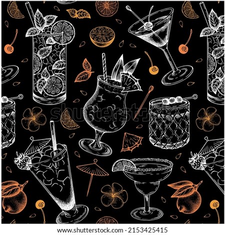 Sketch hand drawn pattern of cocktail with lemon, pineapple, mint and lime isolated on black background. Chalk drawing alcohol drink wallpaper. Martini, Tequila Sunrise, Margarita. Vector illustration