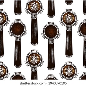 Sketch hand drawn pattern of coffee holder with ground coffee isolated on white background. Line art portafilter, coffee machine. Barista, cafe, menu, vintage packaging, latte art. Vector illustration