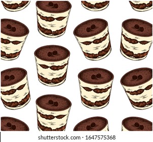 Sketch hand drawn pattern with colorful cake in cup isolated on white background. Vintage engraved italian dessert tiramisu, coffee, chocolate, mascarpone, savoiardi. Vector illustration, wallpaper