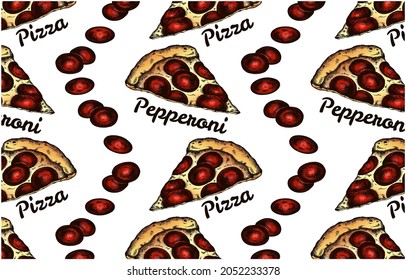 Esbozar el patrón dibujado a mano con la colorida pizza de pepperoni aislada en fondo blanco. Salami de dibujo grabado, papel pintado de comida italiana para panadería. Ilustración vectorial. Menú pizzería de estilo vintage.