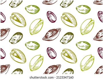 Sketch hand drawn pattern of colorful pistachios nuts isolated on white background. Engraving drawing nut wallpaper. Organic vegan food packaging. Vector illustration.