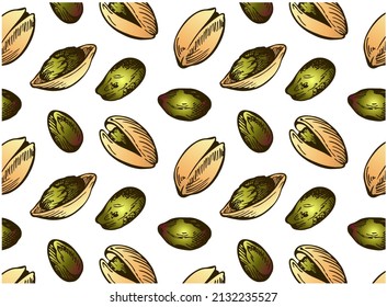 Esquisse un motif dessiné à la main de pistaches colorées isolées sur fond blanc. Fond d'écran en écrin de dessin. Emballage végétalien organique. Illustration vectorielle.