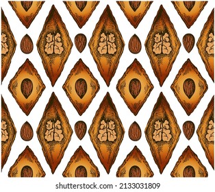 Esbozar un patrón dibujado a mano con colorido baklava turco aislado en un fondo transparente. Nuez grabada, nuez de almendras. Papel tapizado de caramelos orientales horneados. Turquía, empaque de postres. Ilustración del vector