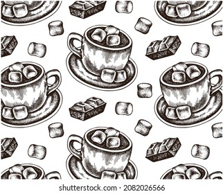 Sketch hand drawn pattern of cup of hot chocolate with roasted marshmallows on white background. Engraving mug of hot cocoa, piece of chocolate. Winter, Christmas drink wallpaper. Vector illustration