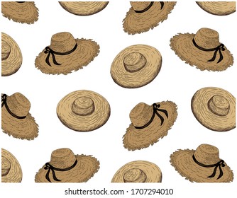 
Sketch hand drawn pattern with engraving brown women's hats isolated on white background. Clothes retro wallpaper. Line art elegant design hat. Textile. Vector illustration
