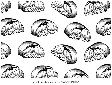 Sketch hand drawn pattern with graphic japanese sushi nigiri with rice and fish isolated on white background. Asian wallpaper for menu, bar, cafe, packaging. Line art korean food. Vector illustration