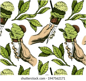 Sketch hand drawn pattern of green tea ice cream cone with matcha tea leaves isolated on white background. Hand holding gelato. Japanese tea. Wallpaper for cafe, menu, store. Vector illustration.