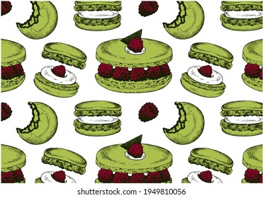 Sketch hand drawn pattern of green matcha tea macarons with raspberry isolated on white background. Dessert macaroon, matcha tea sweet food. Wallpaper for menu, cafe, packaging. Vector illustration.