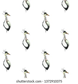 Sketch hand drawn pattern with heron. Animals illustration birds.