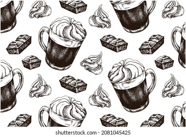 Sketch hand drawn pattern of hot chocolate with whipped cream isolated in white background. Line art drawing winter drink wallpaper. Engraving hot cocoa, piece of chocolate. Xmas vector illustration.