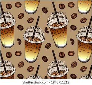 Sketch hand drawn pattern with iced coffee to go in plastic cup and roasted coffee beans isolated on brown background. Drink take away. Coffee wallpaper for cafe, menu, packaging. Vector illustration