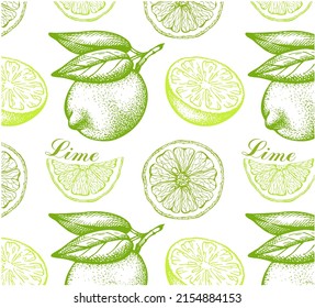 Sketch hand drawn pattern of lime with green leaves isolated on white background. Engraved drawing slice of citrus fruit wallpaper. Organic vegan food packaging. Summer, botanical vector illustration.