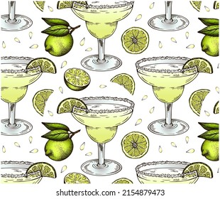 Sketch hand drawn pattern of Margarita cocktail in glass with a slice of green lime isolated on white background. Drawing alcohol drink wallpaper. Summer bar menu, lemon beverage. Vector illustration.