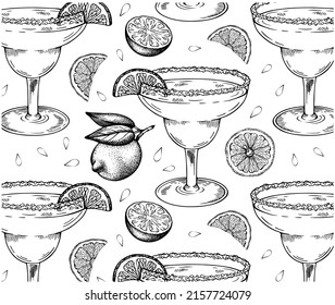 Sketch hand drawn pattern of Margarita cocktail in glass with a slice of lime isolated on white background. Drawing alcohol drink wallpaper. Engraving bar menu, lemon beverage. Vector illustration.