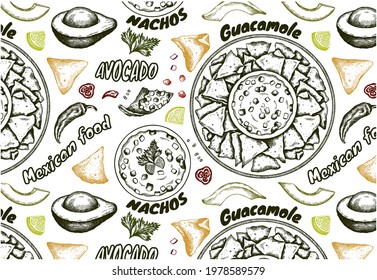Sketch Hand Drawn Pattern With Mexican Food Isolated On White Background. Green Avocado Sliced, Nachos, Guacamole, Red Chilli Pepper, Lime. Drawing Fast Food Menu. Spicy Sous. Vector Illustration.