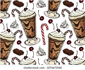 Sketch hand drawn pattern of milk chocolate cocktail with whipped cream, candy cane, maraschino cherry isolated on transparent background. Drawing Christmas drink wallpaper. Vector illustration.
