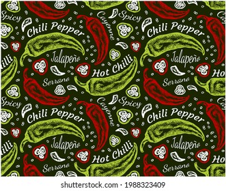 Sketch hand drawn pattern of red and green chili peppers isolated on green background. Outline drawing chilli wallpaper, spicy, hot mexican food, text, jalapeno, cayenne, serrano. Vector illustration.