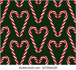 Sketch Hand Drawn Pattern Of Red And White Candy Cane In Heart Shape Isolated On Green Background. Christmas Candies Wallpaper, Sweets Shop Packaging. Vector Illustration.