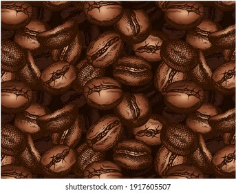 Sketch hand drawn pattern of roasted coffee beans isolated on white background. Food, drink, arabica, robusta wallpaper. Line art brown coffee. Vector illustration. Packaging, menu, cafe, bar.