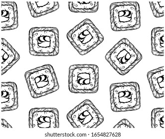 Sketch hand drawn pattern with roll sushi isolated on white background. Rice ball with salmon, avocado, nori, tuna. Asian, japanese, korean, chinese food. Engraving menu wallpaper. Vector illustration