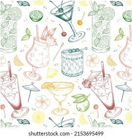 Sketch hand drawn pattern of Summer cocktails isolated on white background. Outline drawing alcohol lemon drink wallpaper. Mint, pineapple, lime Mojito, Cosmopolitan, Margarita. Vector illustration.