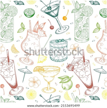 Sketch hand drawn pattern of Summer cocktails isolated on white background. Outline drawing alcohol lemon drink wallpaper. Mint, pineapple, lime Mojito, Cosmopolitan, Margarita. Vector illustration.