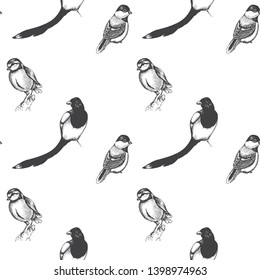 Sketch hand drawn pattern with tit, sparrow, heron. Animals illustration birds.