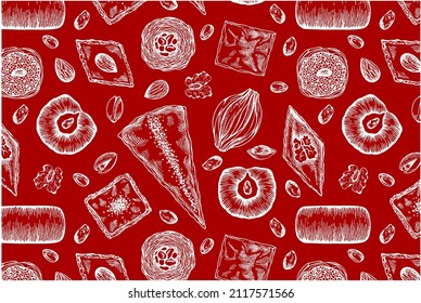 Sketch hand drawn pattern with turkish baklava isolated on red background. Line art drawing oriental sweets wallpaper. Engraved baked arabic dessert with pistachio, honey, almond. Vector illustration.