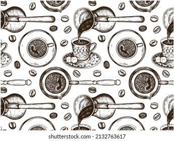 Sketch hand drawn pattern of Turkish coffee and coffee beans isolated on white background. Line art drawing arabic hot caffeine drink, cup of espresso. Istanbul cafe wallpaper. Vector illustration.