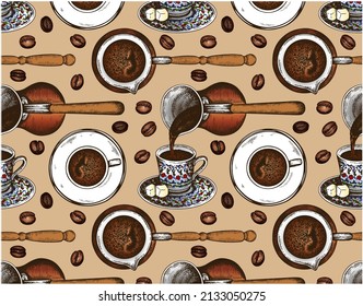 Sketch hand drawn pattern of Turkish coffee and coffee beans isolated on brown background. Line art drawing arabic hot caffeine drink, cup of espresso. Istanbul cafe wallpaper. Vector illustration.