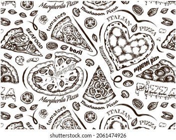 Sketch Hand Drawn Pattern Of Vintage Style Pizza Isolated On White Background. Engraved Tomatoes, Mozzarella, Basil, Seafood, Pepperoni, Margherita Pizza. Italian Food Wallpaper. Vector Illustration.