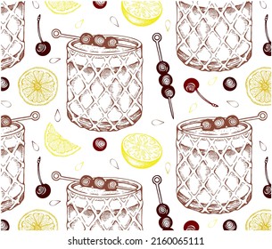 Sketch hand drawn pattern of Whiskey Sour cocktail isolated on white background. Engraved alcohol drink in glass, yellow lemon, red brandied cherry, bourbon. Bar menu wallpaper. Vector illustration.