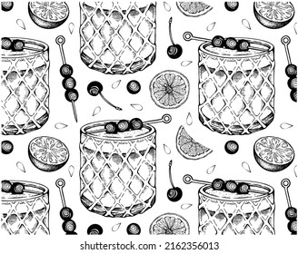 Sketch hand drawn pattern of Whiskey Sour cocktail isolated on white background. Engraved alcohol drink in glass, lemon, brandied cherry, bourbon. Bar menu wallpaper. Vintage vector illustration.