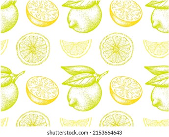 Esbozar el patrón dibujado a mano de limón amarillo con hojas verdes aisladas en fondo blanco. Papel tapiz de cítricos de dibujo grabado. Embalaje de comida vegetariana orgánica. Verano, ilustración botánica vectorial.