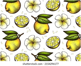 Sketch hand drawn pattern of yellow lemon with green leaves and white exotic flower isolated on white background. Tropical floral wallpaper. Outline drawing citrus fruit. Retro vector illustration