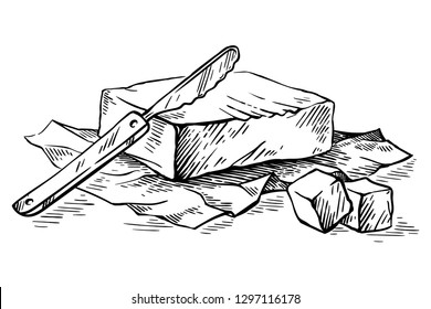 sketch hand drawn piece of butter wrapped in paper wrap and butterknife on white background vector illustration