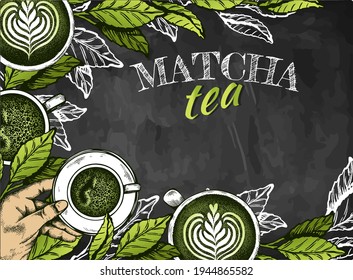 Esbozo de patrón dibujado a mano de afiche de té matcha japonés aislado en pizarra. Dibujar plantilla de té verde para el menú de café, empaque. Paro de arte de línea, taza, hojas de té. Ilustración vectorial. Estilo vintage