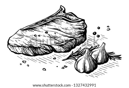 sketch hand drawn raw steak bull T-bone with rosemary, salt and pepper vector illustration