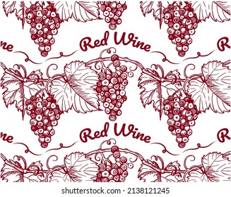 Sketch hand drawn red wine pattern with bordo grapes and leaves on branch isolated on white background. Outline drawing alcohol drink wallpaper. Vine harvest, grape berry plant. Vector illustration.