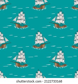 Sketch hand drawn sailing boat on blue background. Vector illustration.