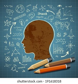 Sketch hand drawn science icons colorful pencil design blue background, vector illustration