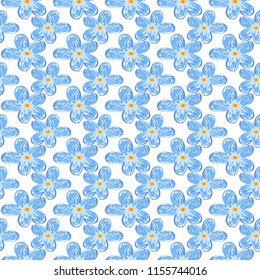 Sketch. Hand drawn seamless pattern with Myosotis. Technique of simple drawing