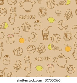 sketch hand drawn seamless pattern for cafe, bistro, restaurant and fast food