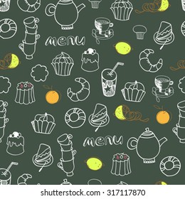 sketch hand drawn seamless pattern for cafe, bistro, restaurant and fast food