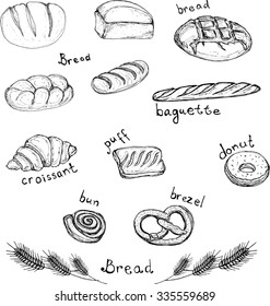 Sketch hand drawn set of bakery products - bread, baguette, croissant, puff, donut, bun, brezel vector Design element for for textiles, advertising, brochures, menu