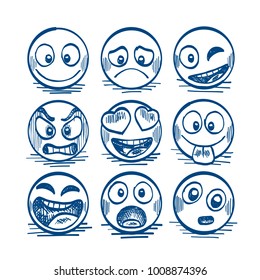 Sketch Of Hand Drawn Set Of Cartoon Emoji. Vector Illustration
