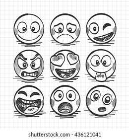 Sketch of hand drawn set of cartoon emoji. Vector illustration